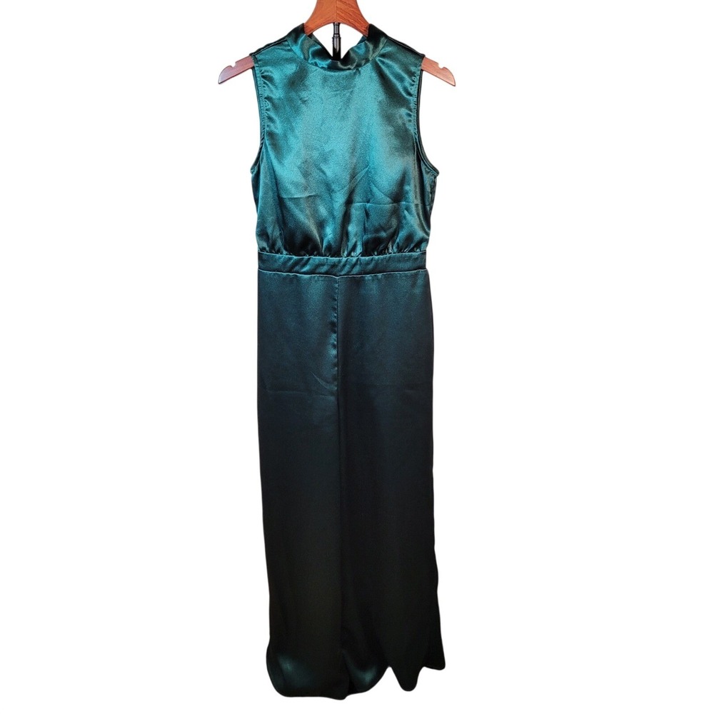 Satin Halter Wide Leg Jumpsuit Emerald Green M 70s‎ Look Disco Retro Studio 54